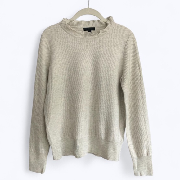 J Crew Cotton Wool Heather Light Grey Ruffle Neck Pull Over Sweater SZ S - Picture 1 of 12